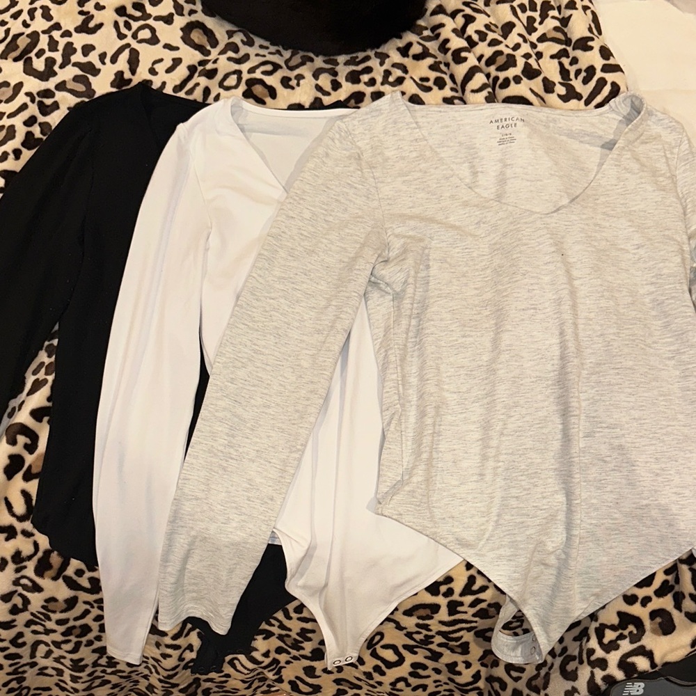 American Eagle Outfitters Long Sleeve Bodysuit Trio - Black, White, Gray